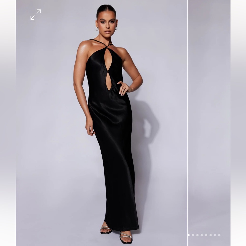 Meshki Black Backless Cutout Halter Gown